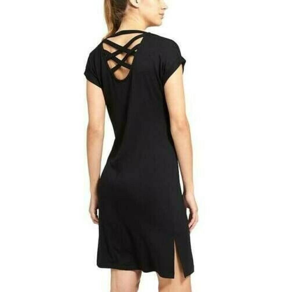 Athleta Crossback Sweatshirt Dress M Black Short Sleeve Side Slits Modal